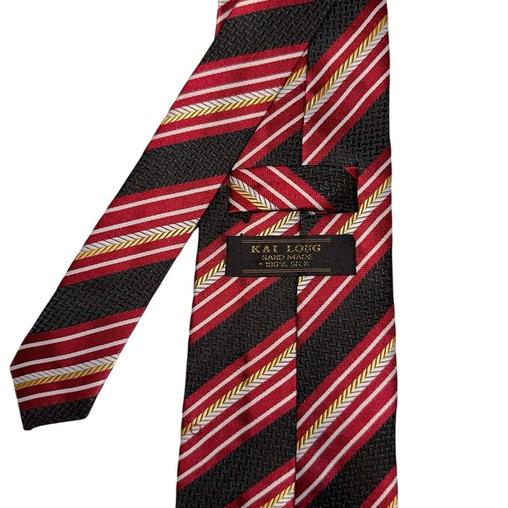 Vtg Kai Long Mens Tie Handmade 100% Silk Red & Black Striped Necktie 58x3.75” - Picture 3 of 5